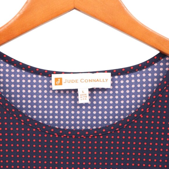 Jude Connally Brynn Fit & Flare Pleated Waist 3/4 Sleeve Navy Red Dot Dress L - Picture 3 of 4